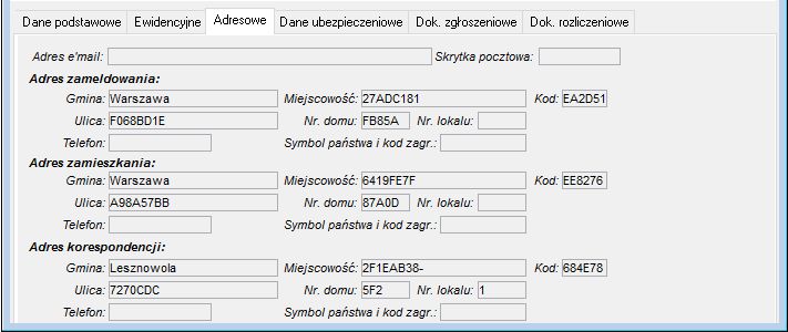 Okno Obsługa danych ubezpieczeniowych->Adresowe