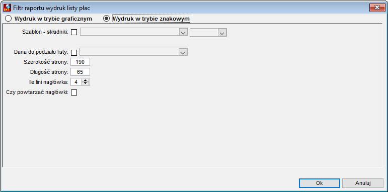 Parametry wydruku List płąc paski poziome w trybie znakowym