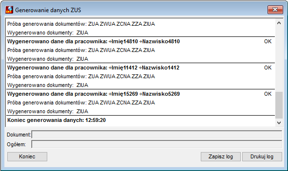 Okno raportu generowanie danych ZUS Okno raportu generowanie danych ZUS