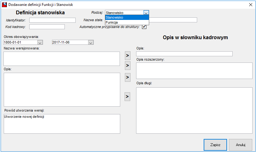 Okno dodawania definicji stanowisk i funkcji