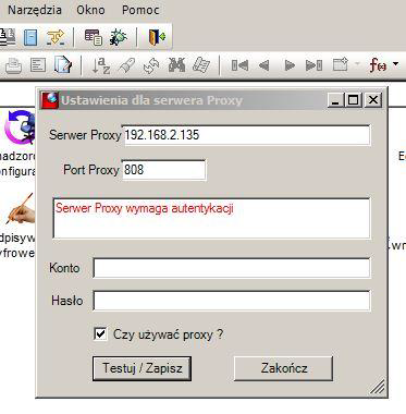 Widok okna Ustawienia dla serwera Proxy - prawidłowo zapisane ustawienia serwera. Emisja dokumentów elektronicznych 7 SIMPLE.ERP