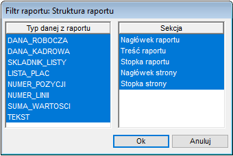 Podgląd okna wydruku struktury raportu
