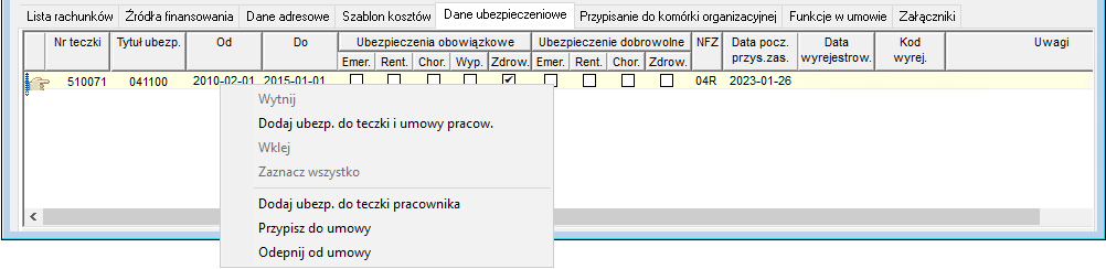 Fragment okna Umowa zlecenia/o dzieło – wykonawca–>Dane ubezpieczeniowe z listą dostępnych poleceń