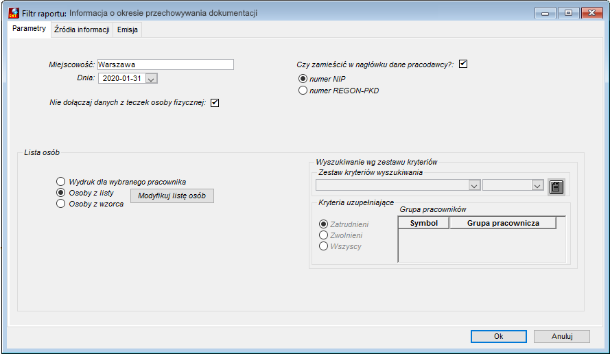 Parametry raprotu Informacja o okresie przechowywania dokumentacji