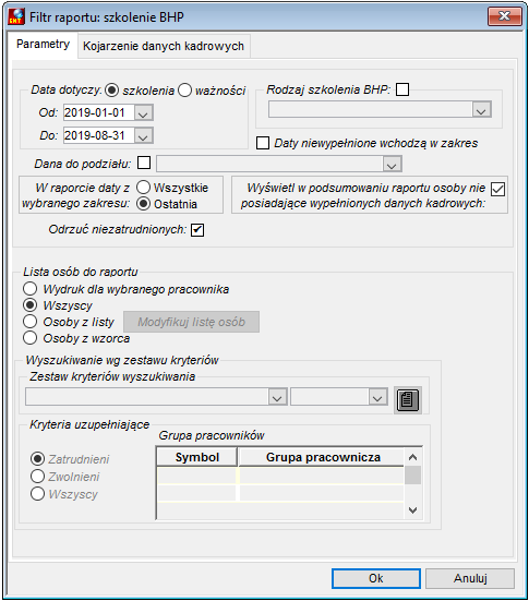 Zakładka Parametry raportu Szkolenie BHP ważność Zakładka Parametry raportu Szkolenie BHP ważność