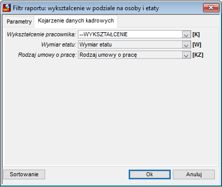 Zakładka Kojarzenie danych kadrowych do raportu Wykształcenie w podziale na osoby i etaty