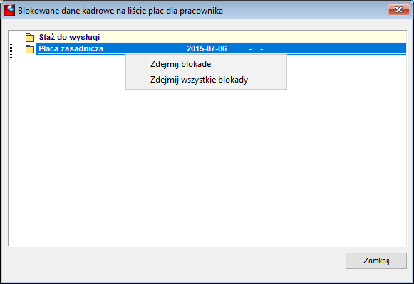 Okno Blokowane dane kadrowe na liście płac dla pracownika