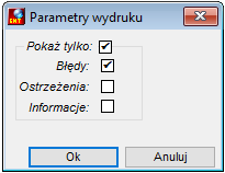 Okno parametrów wydruku błędów, ostrzeżeń, informacje z tworzenia dokumentów w paczce