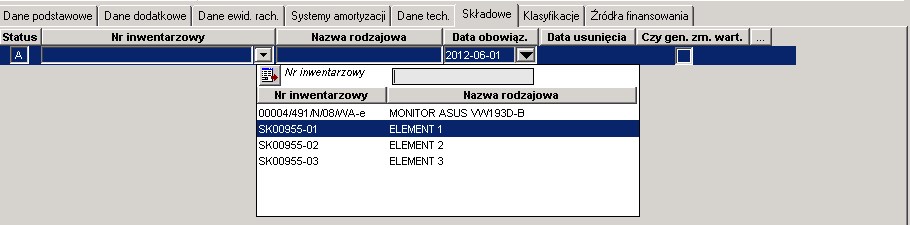 Ewidencja - Zakładka Składowe