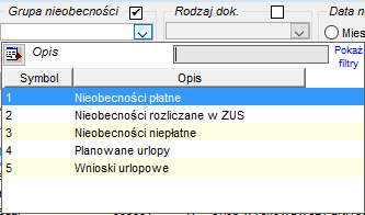 Okno Nieobecności - lista dokumentów. Wybór grup nieobecności
