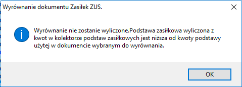 Komunikat o braku wyrównania z powodu niższej kwoty w kolektorze podstaw zasiłkowych