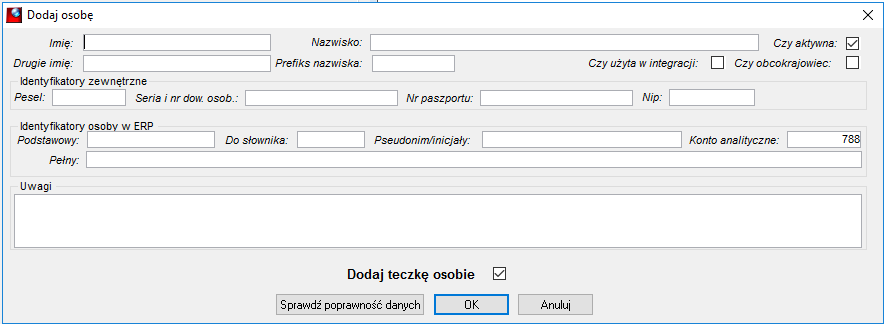 Okno dodawania nowej osoby