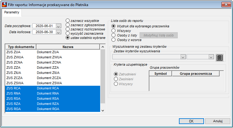 Okno Filtr raportu: Informacje przekazywane do Płatnika Okno Filtr raportu: Informacje przekazywane do Płatnika