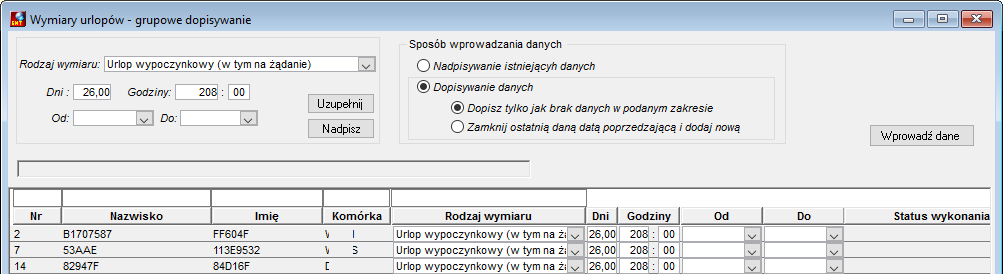 Fragment okna grupowego dodawania wymiarów urlopów Fragment okna grupowego dodawania wymiarów urlopów