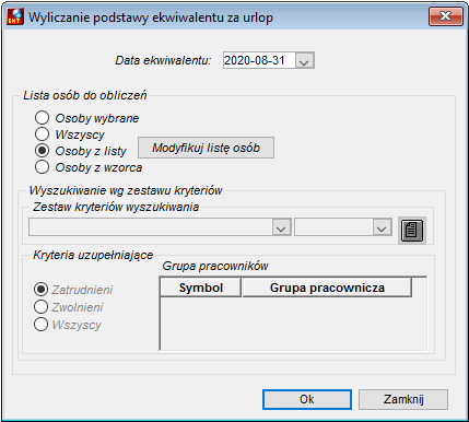 Okno Wyliczanie podstawy ekwiwalentu za urlop Okno Wyliczanie podstawy ekwiwalentu za urlop