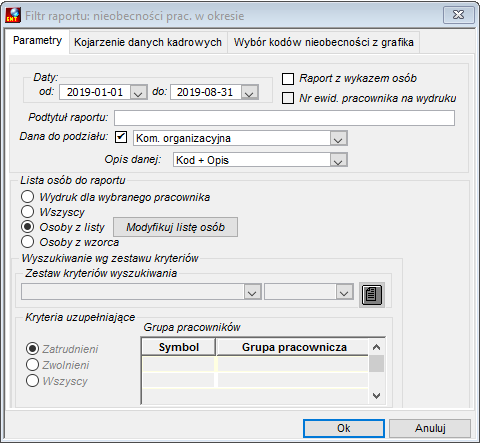 Zakładka Parametry w oknie uruchomienia raportu Nieobecności pracowników w okresie - dana do podziału Zakładka Parametry w oknie uruchomienia raportu Nieobecności pracowników w okresie - dana do podziału