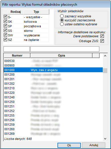Filtr raportu Wykaz formuł składników płacowych Filtr raportu Wykaz formuł składników płacowych