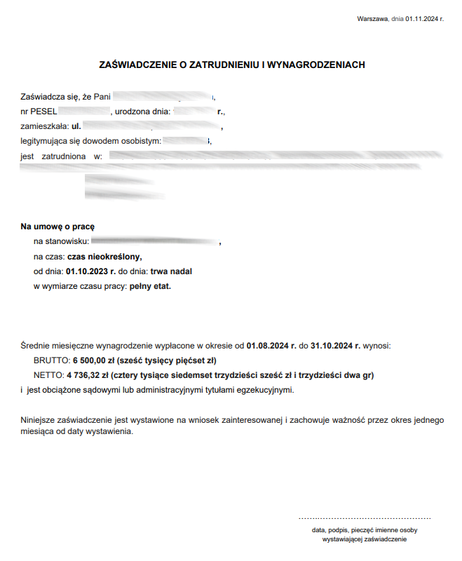 Zaświadczenie o zatrudnieniu i wynagrodzeniach pobieranych z wypłaconych list płac