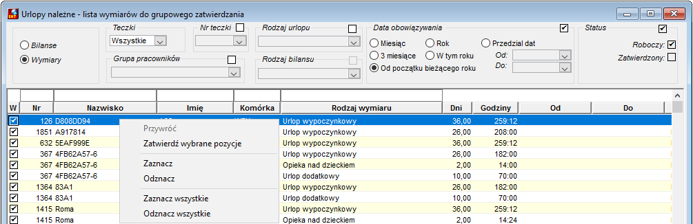 Okno grupowego zatwierdzania wymiarów urlopów