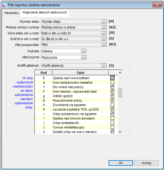 Zakładka Kojarzenie danych kadrowych do raportu Średnie zatrudnienie Zakładka Kojarzenie danych kadrowych do raportu Średnie zatrudnienie