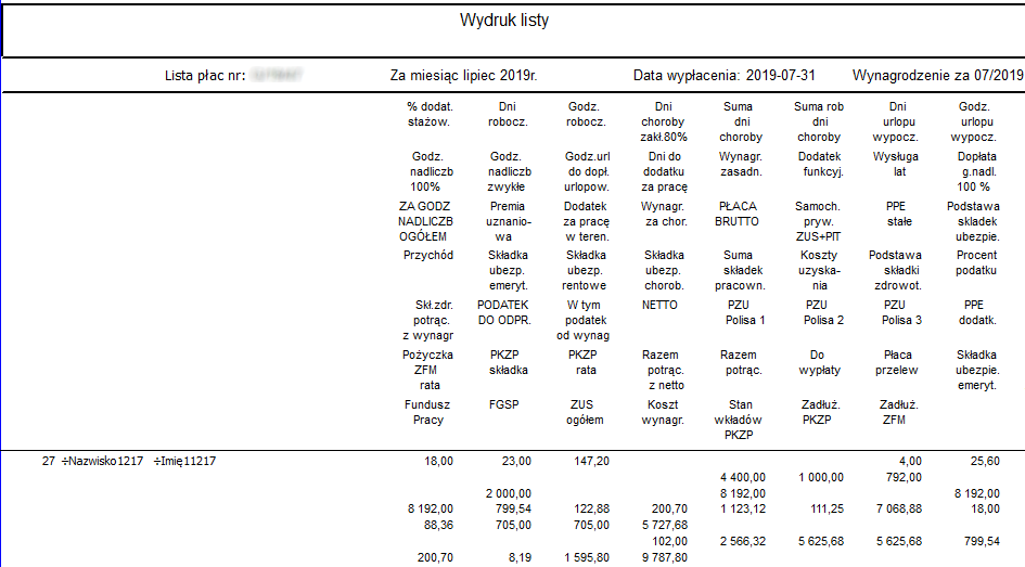 Fragment raportu Lista płac paski ciągłe podstawowy bez ramek format A4