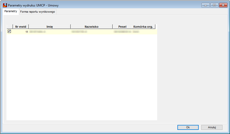 Parametry wydruku UMCP - Umowa wykonawcy