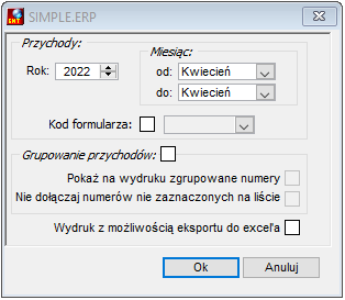 Okno uruchomienia raportu Przychody miesięczne