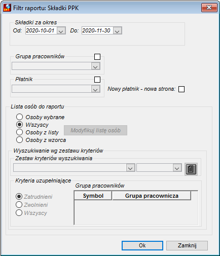 Okno uruchomienia raportu Lista uczestników PPK, którym zawieszono finansowanie wpłat