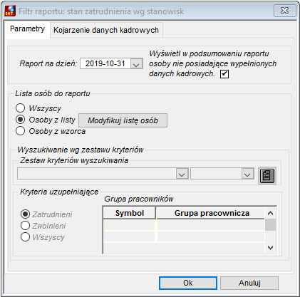 Zakładka Parametry raportu Zatrudnienie wg stanowisk
