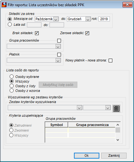 Okno uruchomienia raportu Lista uczestników bez składek PPK Okno uruchomienia raportu Lista uczestników bez składek PPK