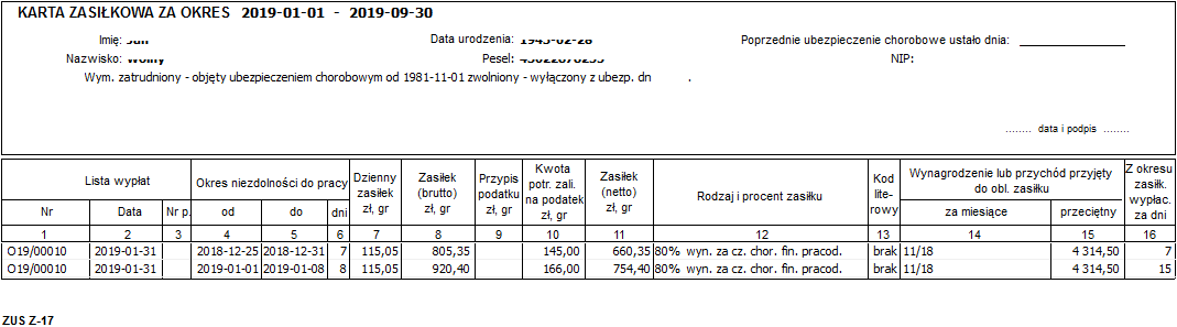 Wydruk kartoteki zasiłkowej Z-17 Wydruk kartoteki zasiłkowej Z-17