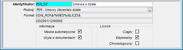 Fragment okna definiowania sposobu numeracji dokumentów->wprowadzanie formatu dokumentu