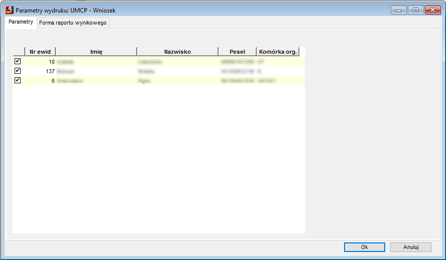 Parametry wydruku UMCP - Wniosek