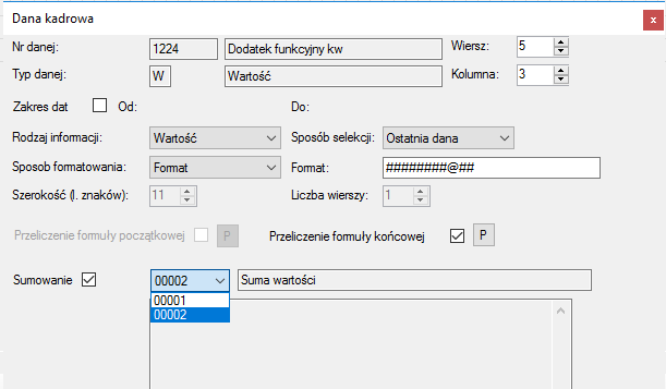 Okno Właściwości elementu raportu->Dana kadrowa->funkcja sumowania