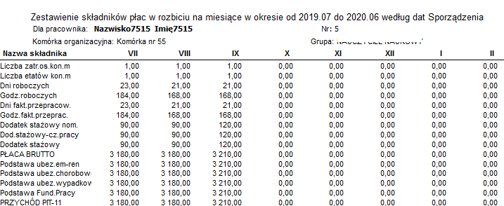Fragment okna podglądu raportu z kartoteką w układzie miesięcy Fragment okna podglądu raportu z kartoteką w układzie miesięcy