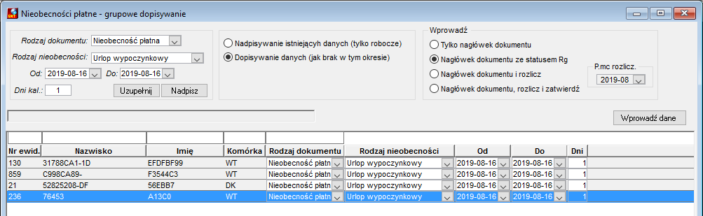 Okno grupowego dodawania nieobecności płatnych Okno grupowego dodawania nieobecności płatnych