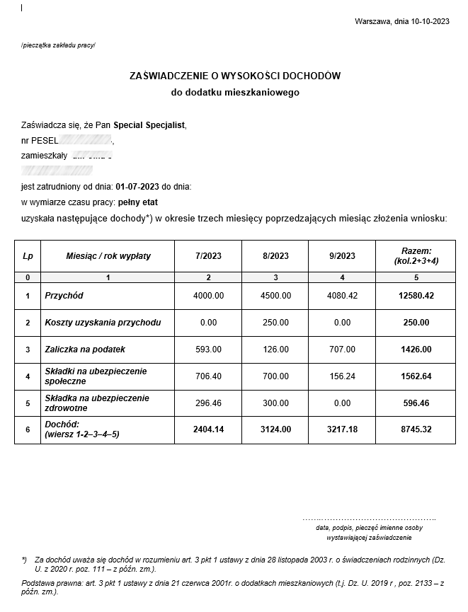 Zaświadczenie o dochodach do dodatku mieszkaniowego