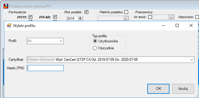 Widok okna do obsługi podpisu cyfrowego