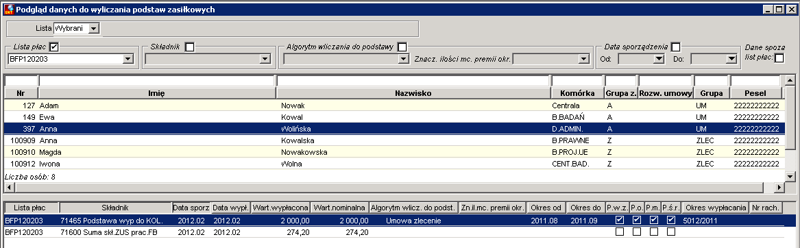 Podstawa chorobowo wypadkowa i suma składek - poz. 1 z kolektora roboczego
