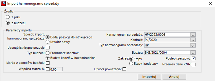 Okno Import harmonogramu sprzedaży Okno Import harmonogramu sprzedaży