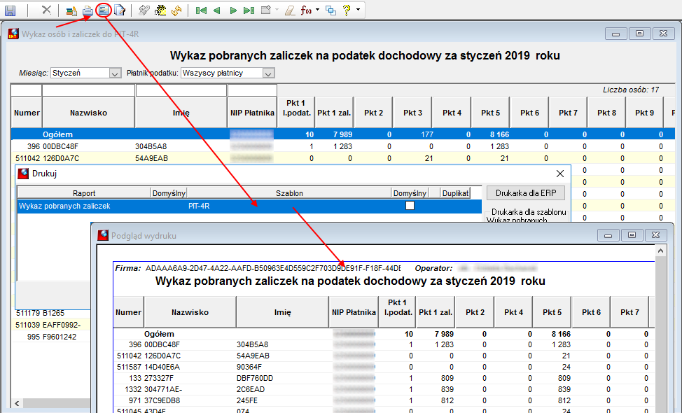 Fragment okna podglądu i wydruku listy osób uwzględnionych w raporcie Zestawienie przychodów wg PIT-4R