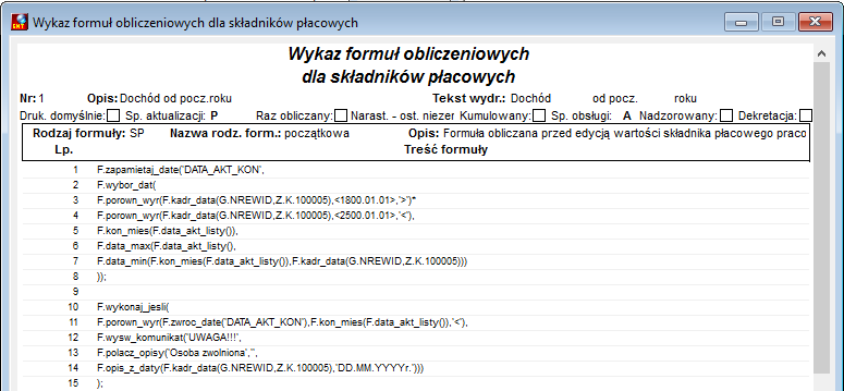 Fragment okna podglądu formuły składnika płacowego Fragment okna podglądu formuły składnika płacowego