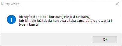 Tabela kursów walutowych - komunikat