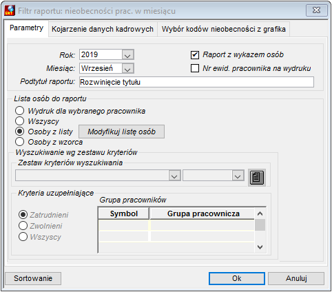 Parametry uruchomienia raportu Nieobecności pracowników w miesiącu