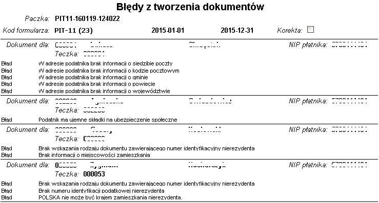 Przykładowy wydruk błędów z tworzenia dokumentów w paczce z identyfikatorem PIT11-160119-124022