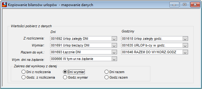 Okno Kopiowanie bilansów urlopów - mapowanie danych Okno Kopiowanie bilansów urlopów - mapowanie danych