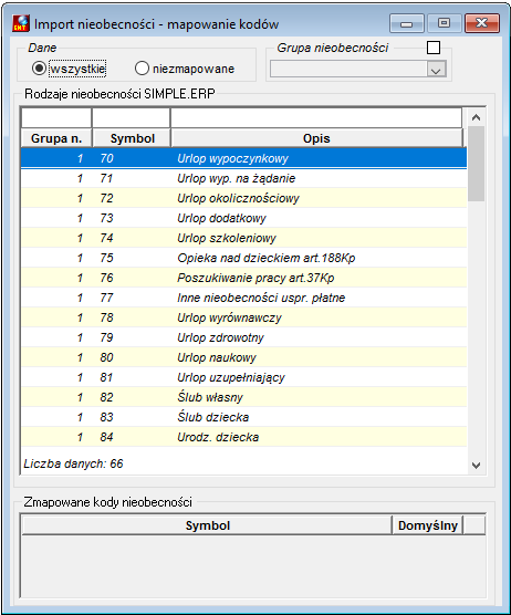 Okno Import nieobecności - mapowanie kodów