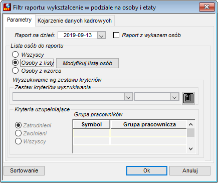 Zakładka Parametry raportu Wykształcenie w podziale na osoby i etaty