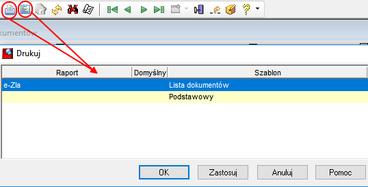 Okno wyboru raportu do wydruku