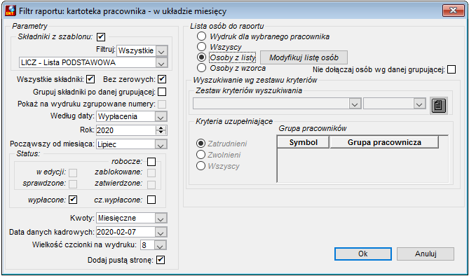 Okno parametrów wydruku Kartoteka pracownika w układzie miesięcy Okno parametrów wydruku Kartoteka pracownika w układzie miesięcy